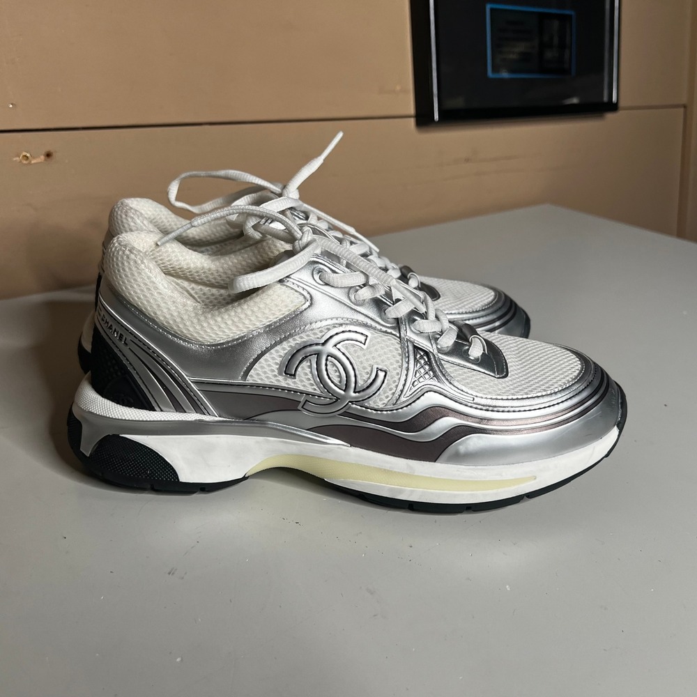 Chanel Metallic Silver White Mesh CC Logo Low Top Sneakers Size 42
